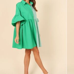 DIDI FRILL MINI DRESS - GREEN STRIPE